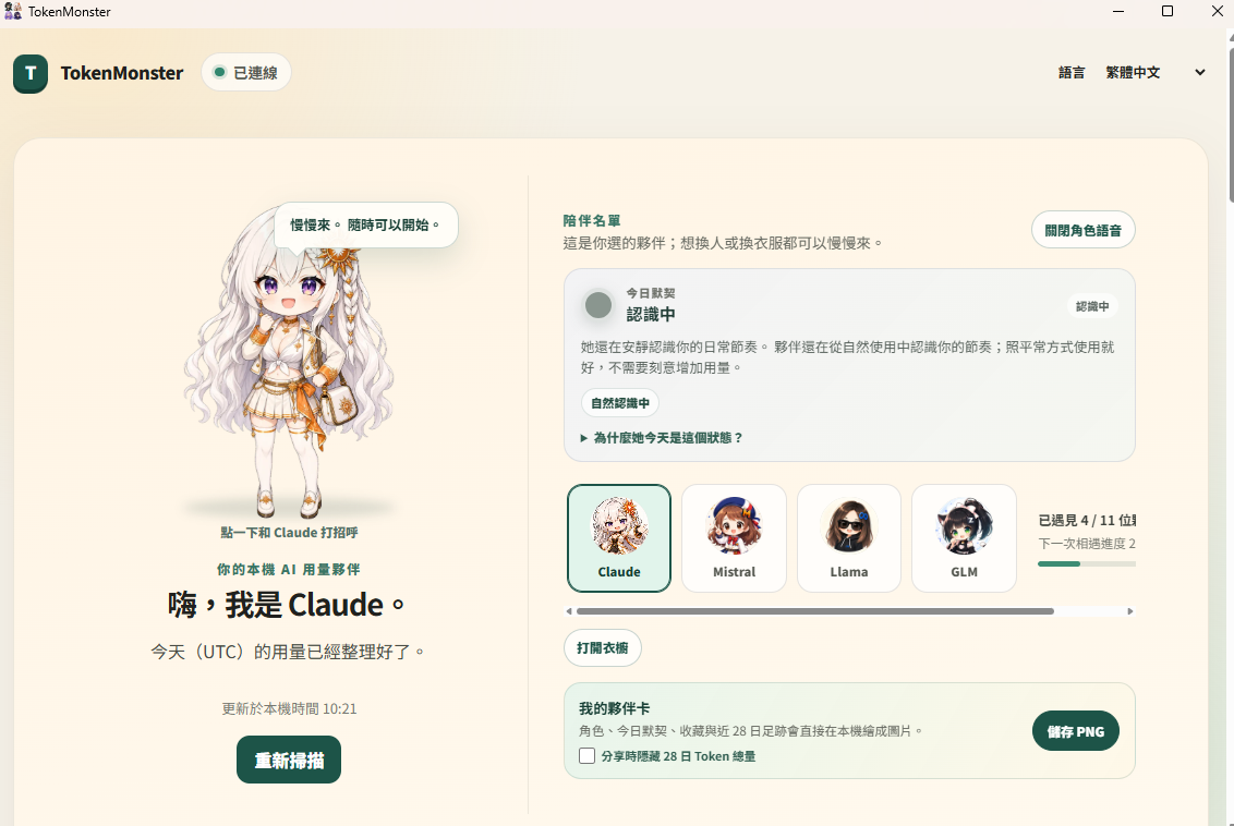 TokenMonster dashboard on Windows in Traditional Chinese: Claude on the left, today's connection card still learning the user's rhythm, the companion roster with 4 of 11 met, and the companion card panel with a Save PNG button