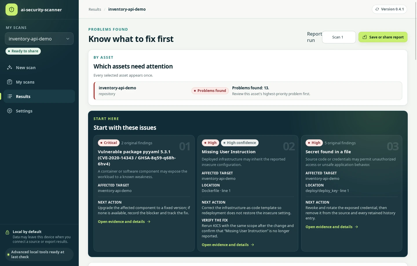 Results for Scan 1: one asset with 13 problems, and the first three to fix: the Critical PyYAML 5.3.1 package, a High Dockerfile without a USER instruction and a High private key in a file.