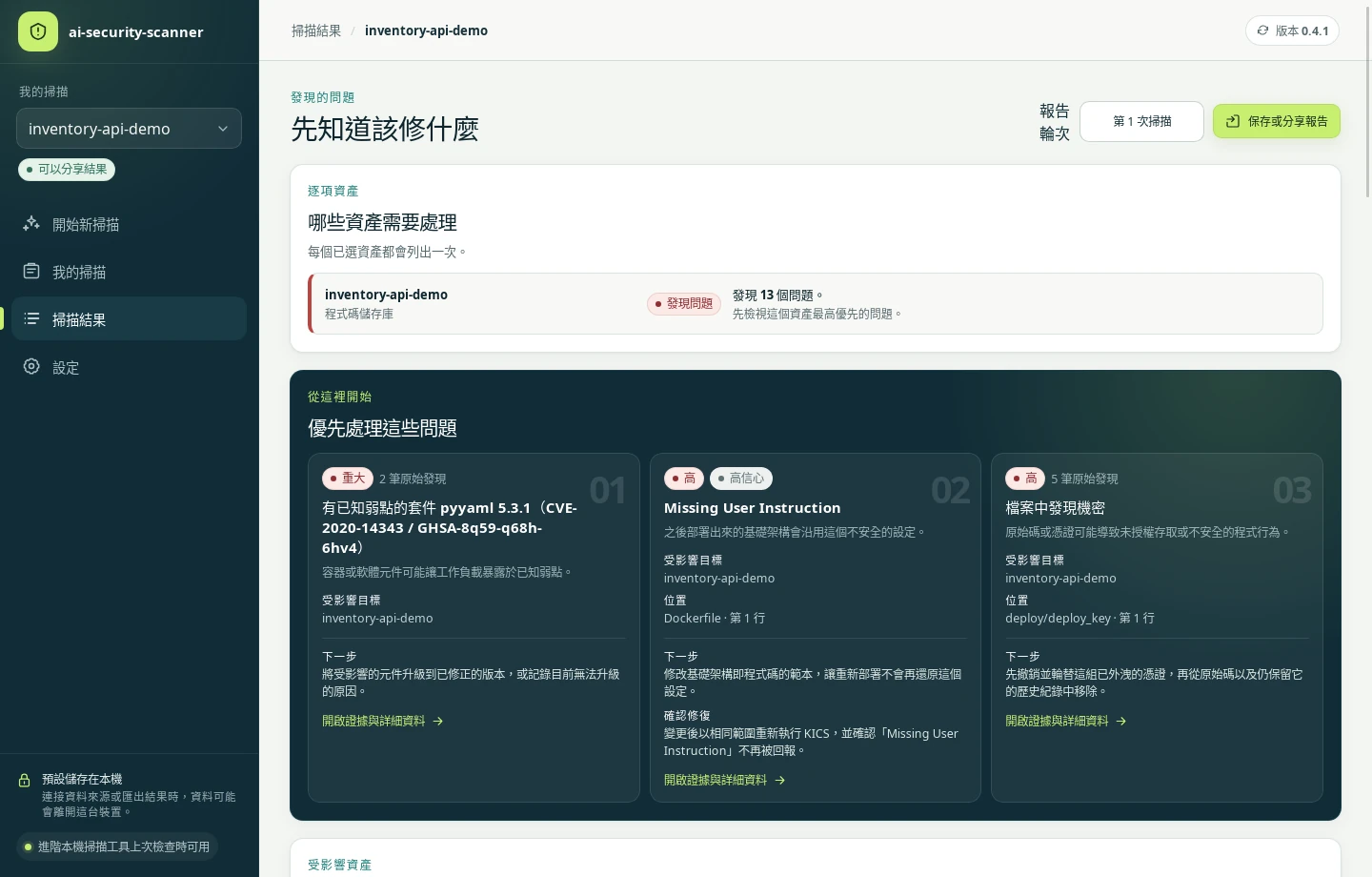 第 1 次掃描的結果：一個資產有 13 個問題，最先處理的三項是重大的 PyYAML 5.3.1 套件、高風險的 Dockerfile 未指定 USER，以及高風險的檔案中私鑰。