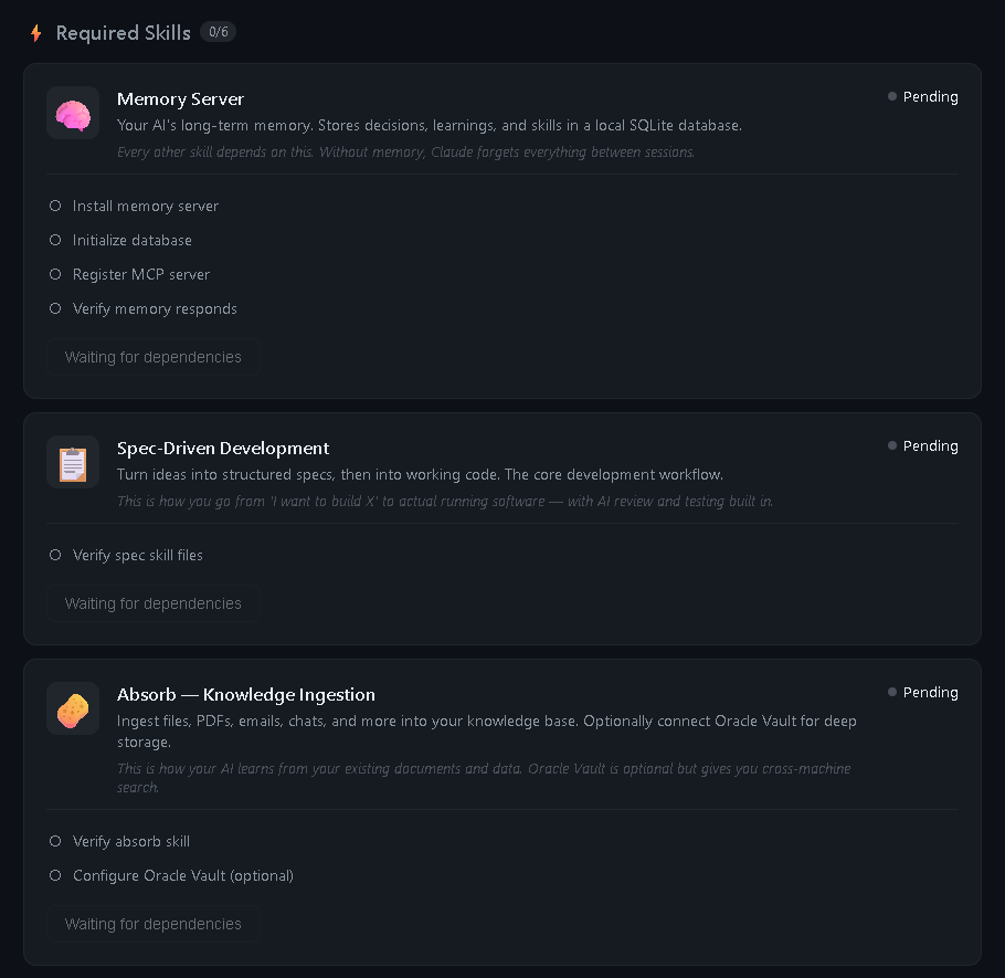 Required skills section listing the memory server, spec, and absorb skills with their setup steps