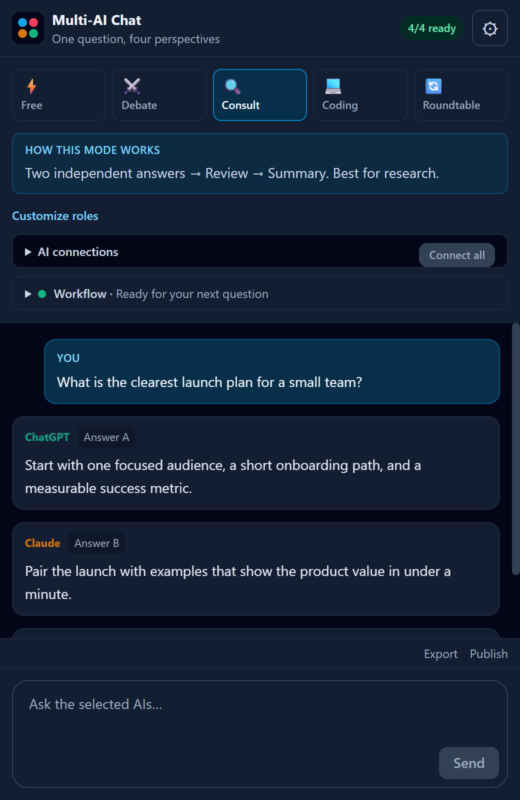 Multi-AI Chat Side Panel showing a four-provider Consult workflow