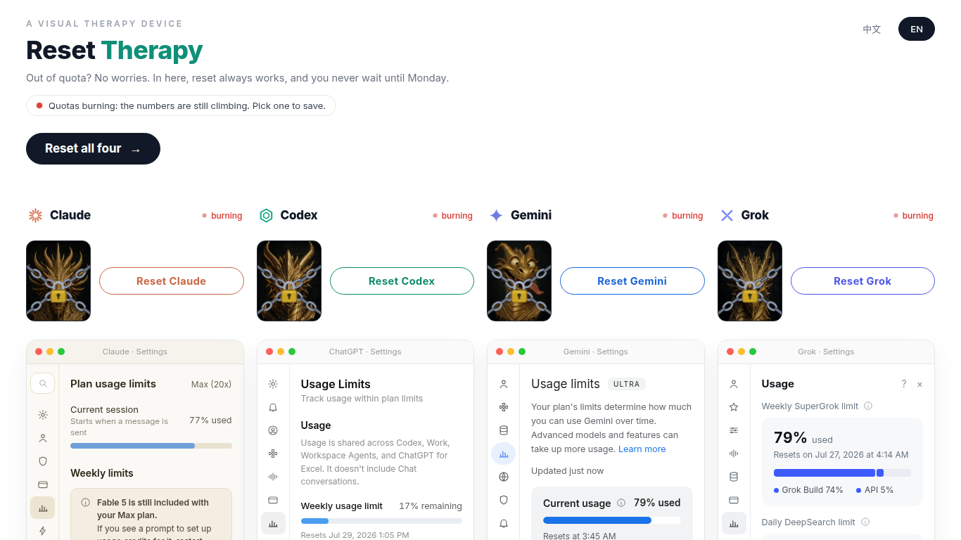Reset Therapy in a desktop browser, English interface: four chained golden dragons with reset buttons above mock usage panels for Claude, Codex, Gemini, and Grok, all marked burning